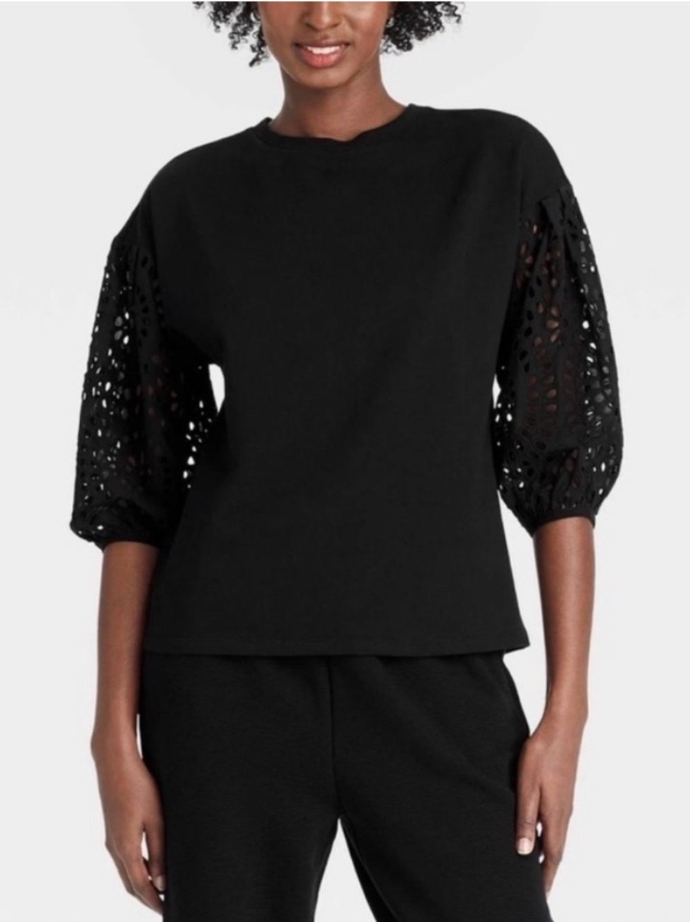 A New Day Black Puff-Sleeve Lace Top